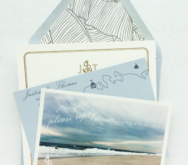 justine & thomas's gold and dusty blue nautical wedding invitations