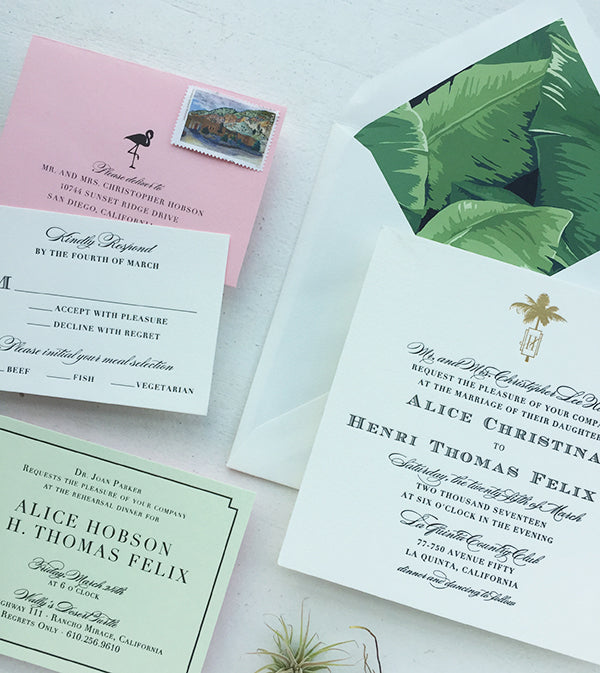 alice + henri's pink and green palm springs wedding invitations
