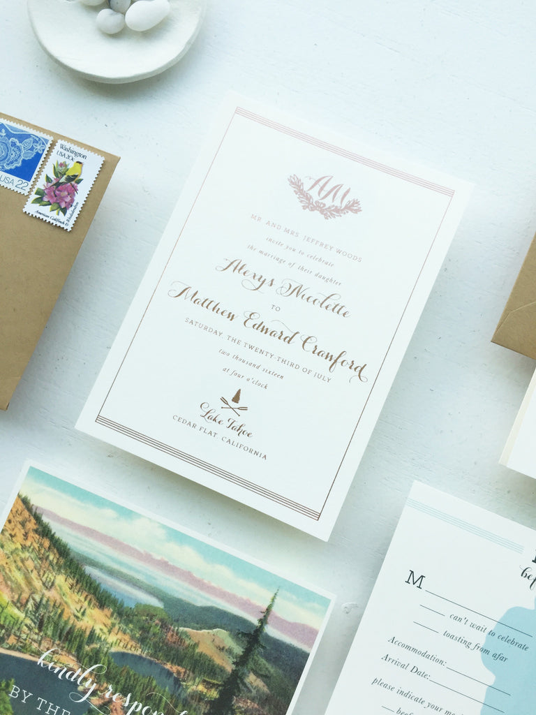 alexys & matt's rose gold lake tahoe wedding invitations