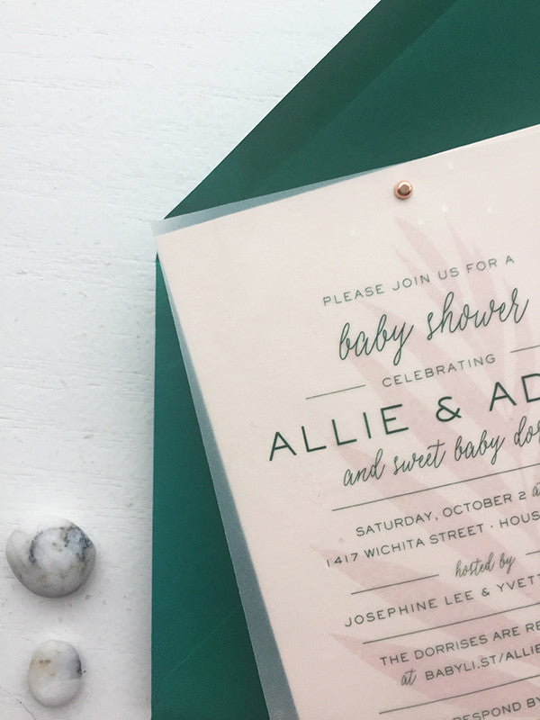 blush + emerald modern boho baby shower invitations
