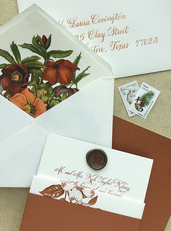 taylor + mark's copper and chocolate fall wedding invitation