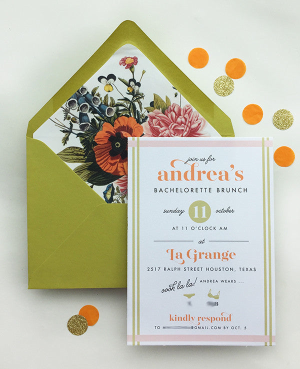 andrea's chartreuse, blush & tangerine bachelorette brunch invite