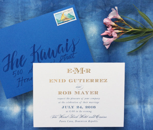 enid & rob's gold foil and ocean blue punta cana wedding invitations