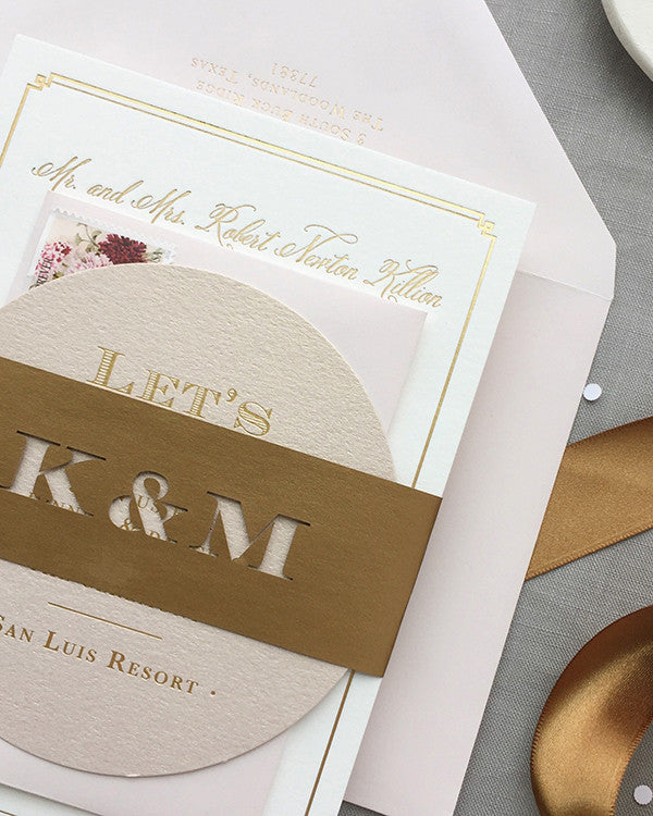 kristen + michael's gold, rose gold & blush wedding invitations