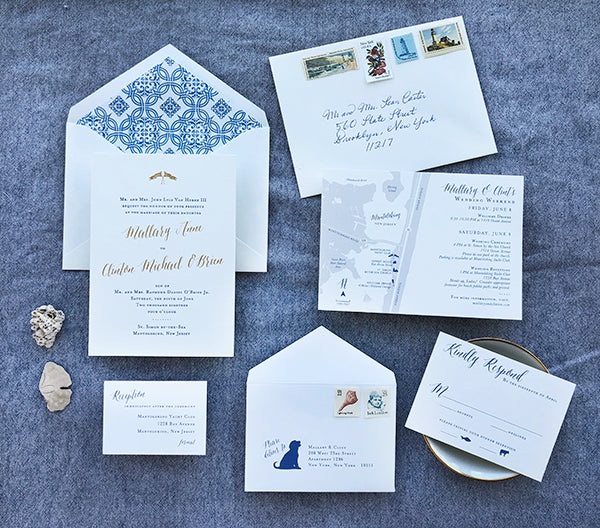 mallary + clint's blue east coastal letterpress and gold foil wedding invitations