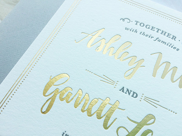 ashley & garrett's gold, gray & blush letterpressed wedding invitations