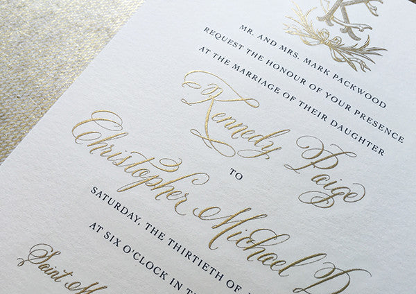 kennedy & christopher's classic gold engraved wedding invitations