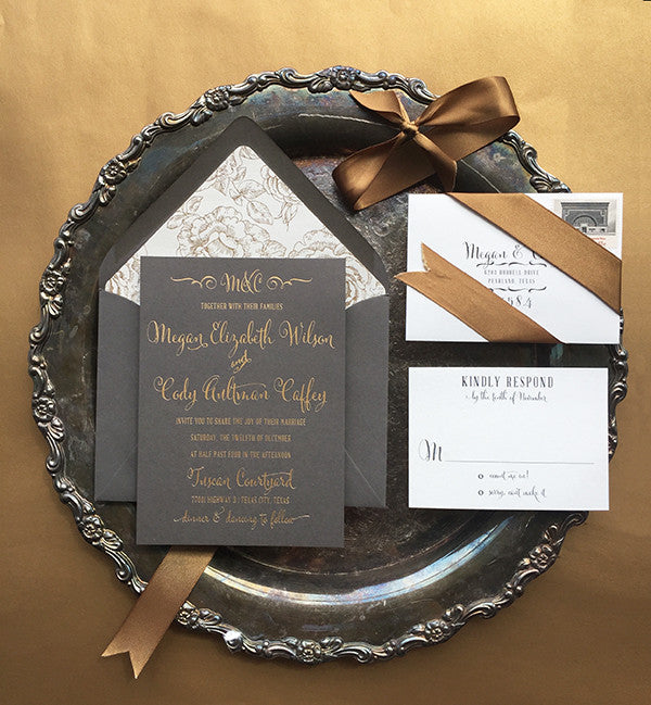 megan & cody's glamorous gray + gold wedding invitations