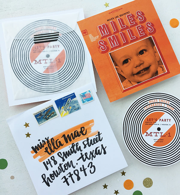 miles smiles 1st birthday party record album invitations