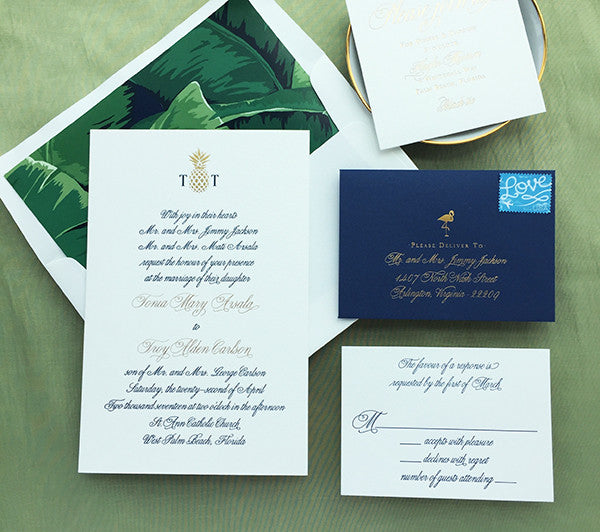 tonia & troy's navy and gold west palm beach wedding invites