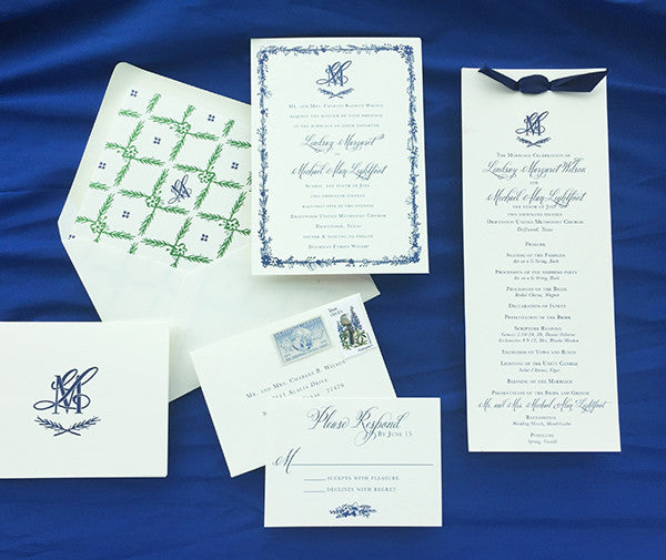lindsay+ michael's navy illustrated texas wildflower wedding invitation