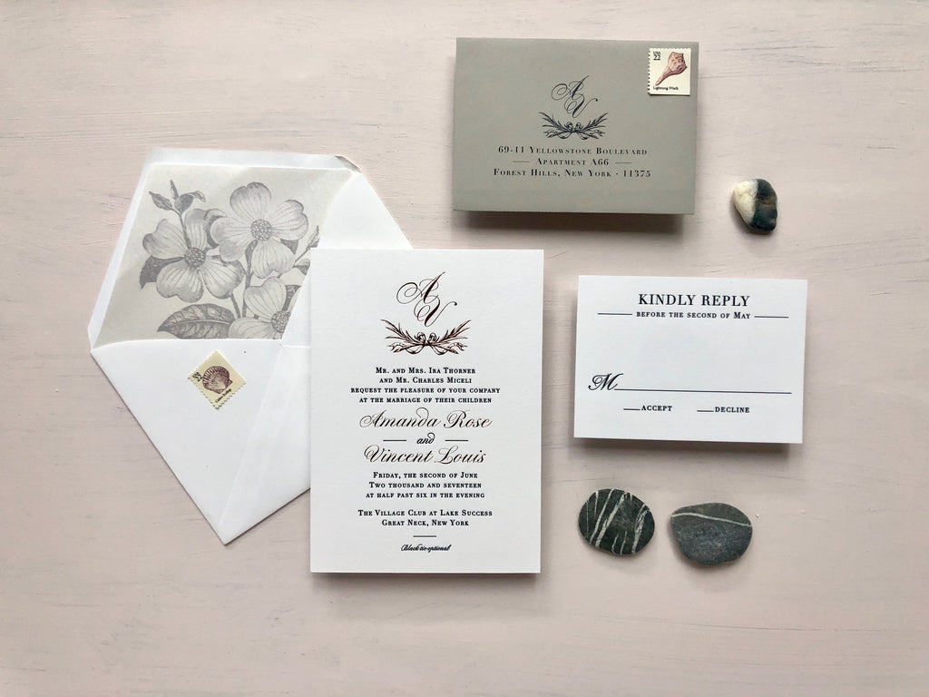 amanda & vincent's rose gold foil & gray letterpress wedding invitations