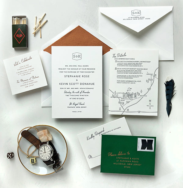 stephanie & kevin's mod green and copper invitations