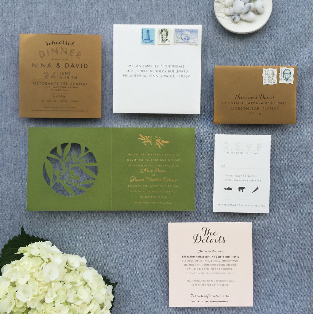 nina & david's olive, gold, cream & blush summer wedding invitations