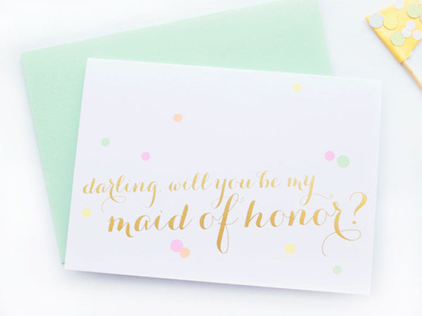 Gold Foil Calligraphy & Confetti Maid of Honor Card