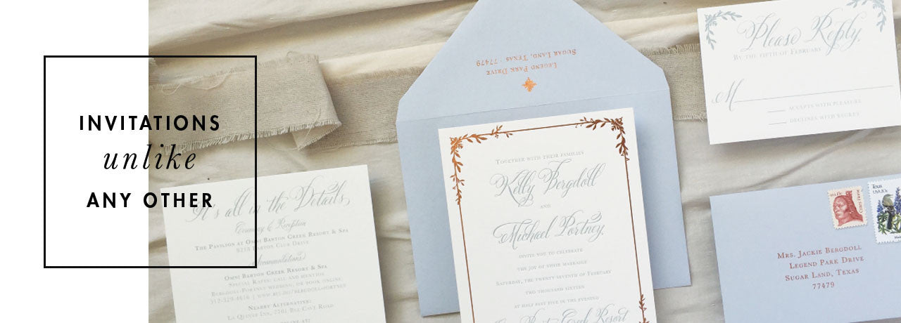 Dusty Blue Copper Foil Wedding Invitation Letterpress